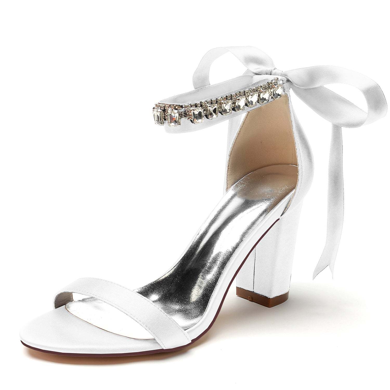 Bridal Shoes for Women with Open Toe Chunky Heel and Rhinestone Bow Buckle