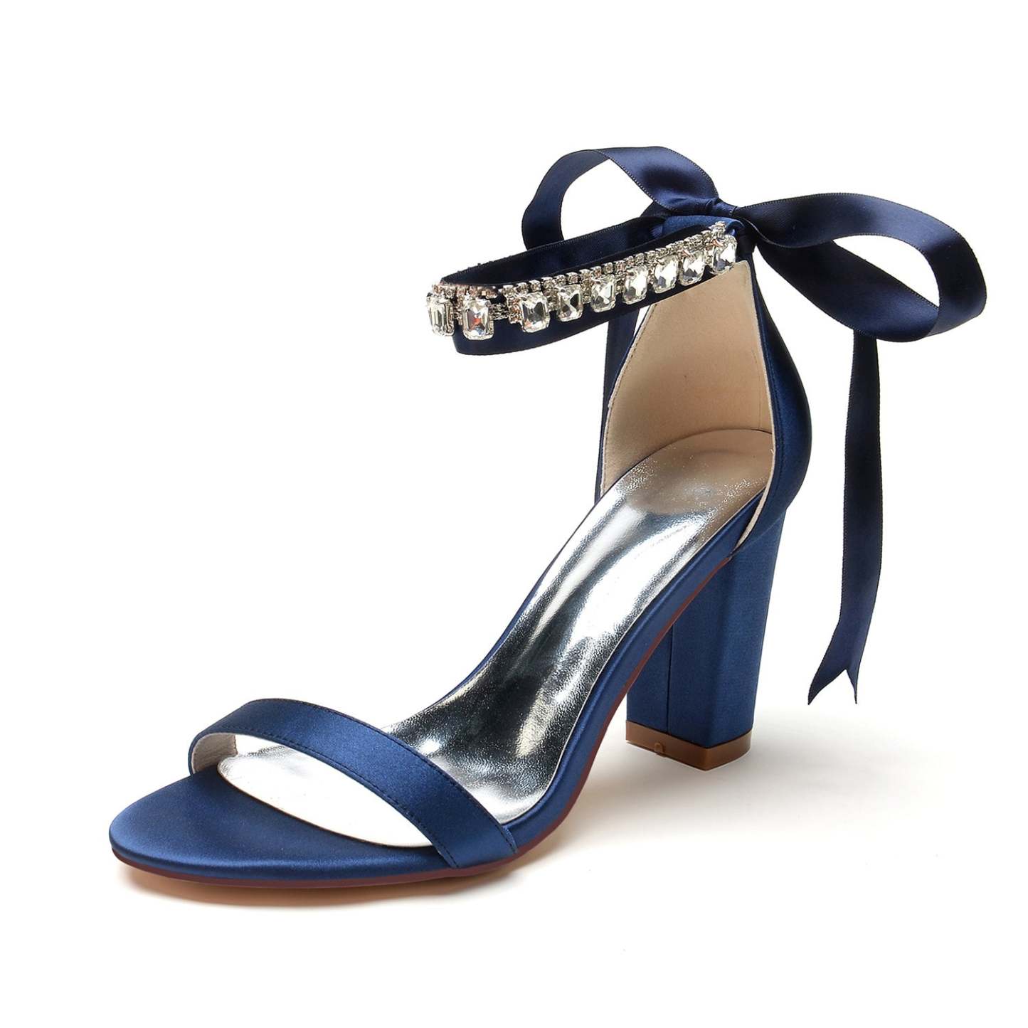 Bridal Shoes for Women with Open Toe Chunky Heel and Rhinestone Bow Buckle