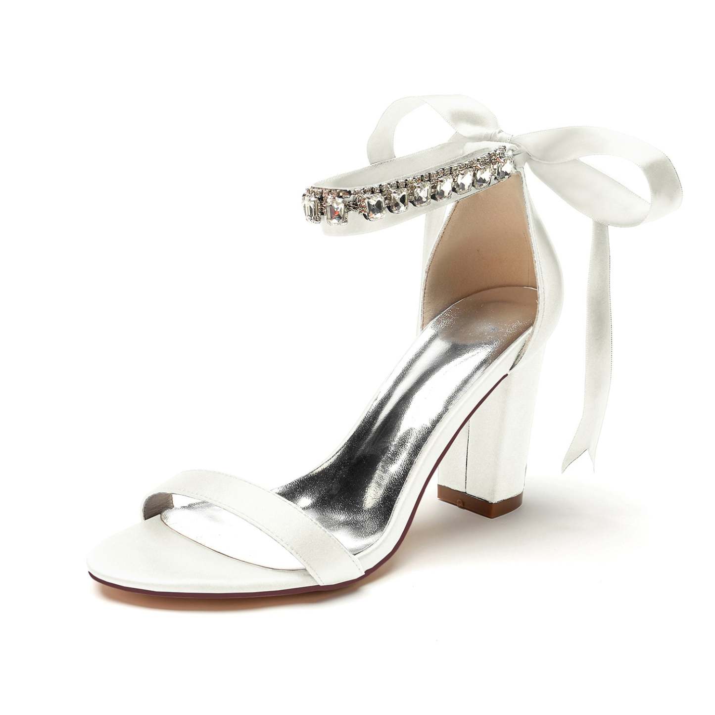 Bridal Shoes for Women with Open Toe Chunky Heel and Rhinestone Bow Buckle