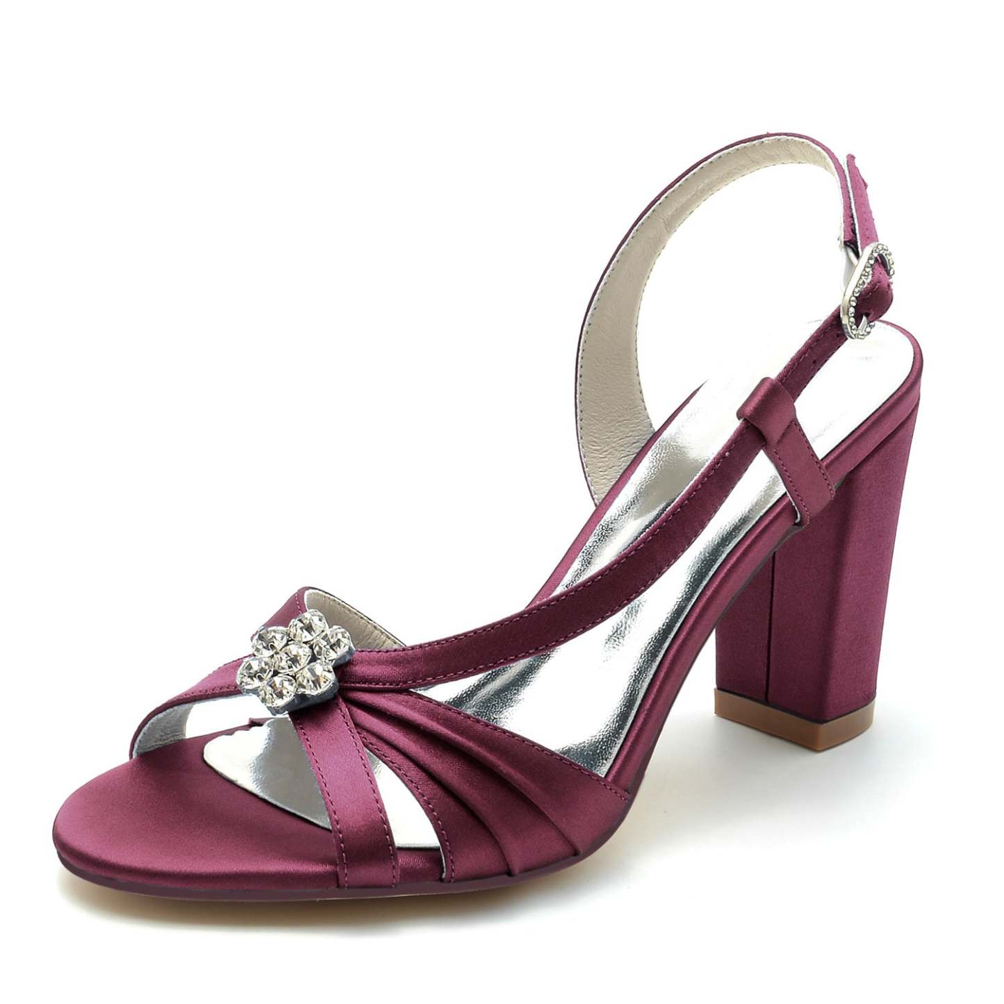 Bridal Shoes for Women with Crystal Flower and Buckle on Chunky Heel