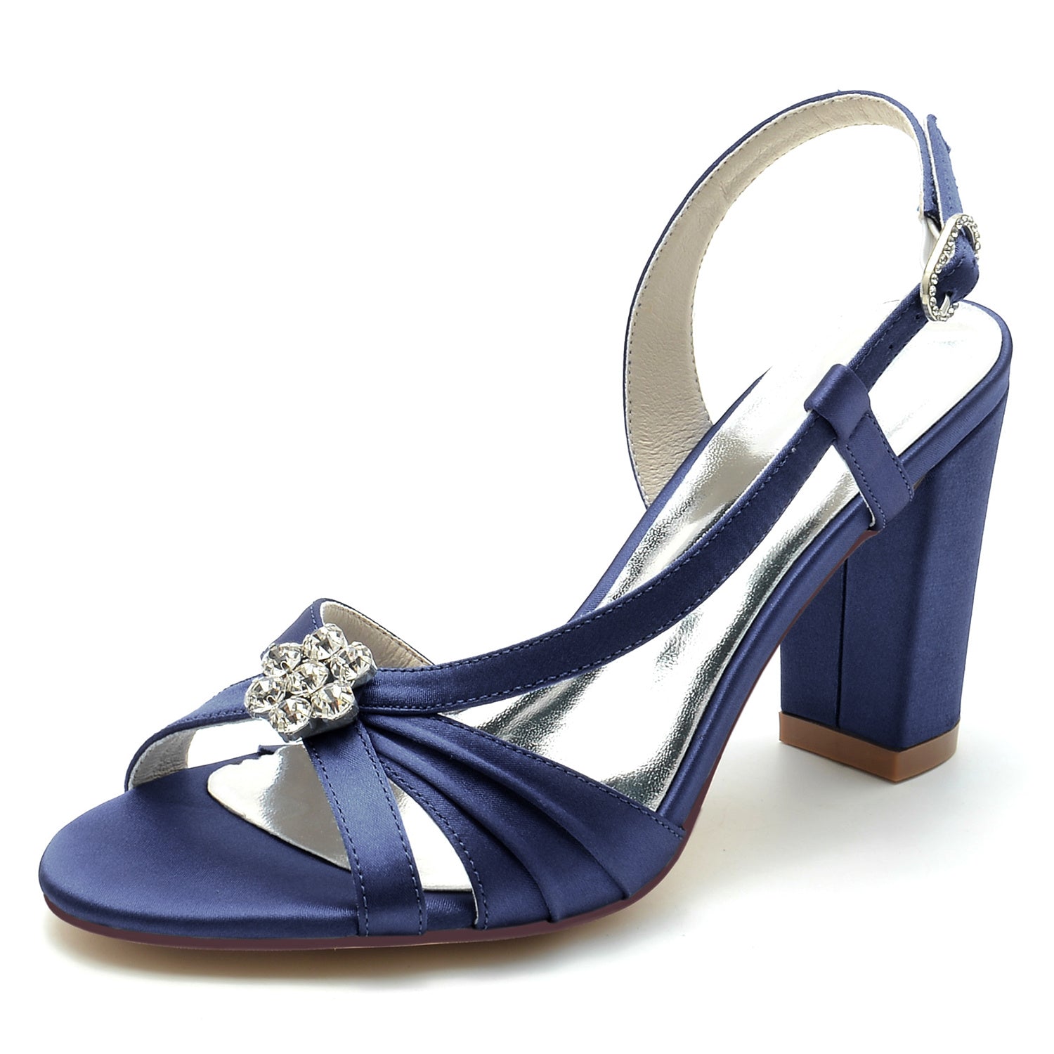 Bridal Shoes for Women with Crystal Flower and Buckle on Chunky Heel