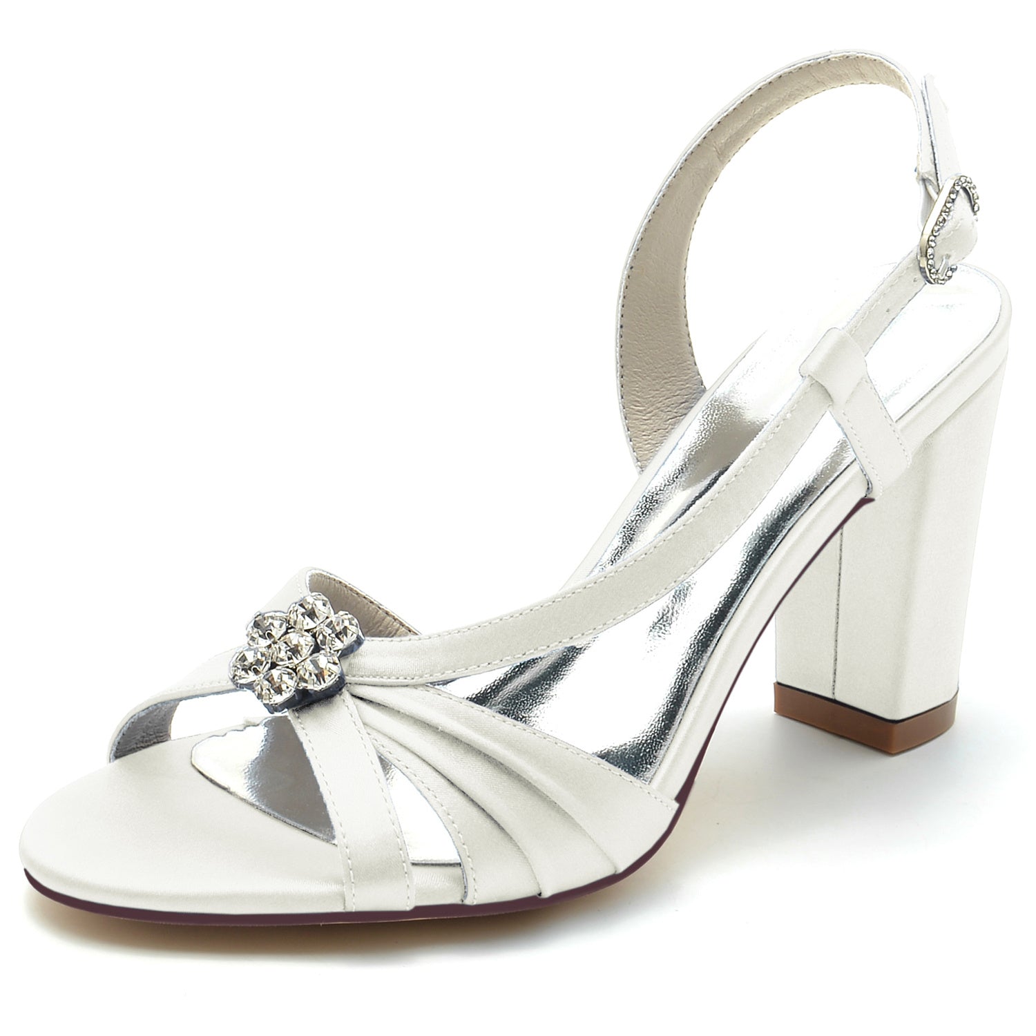 Bridal Shoes for Women with Crystal Flower and Buckle on Chunky Heel