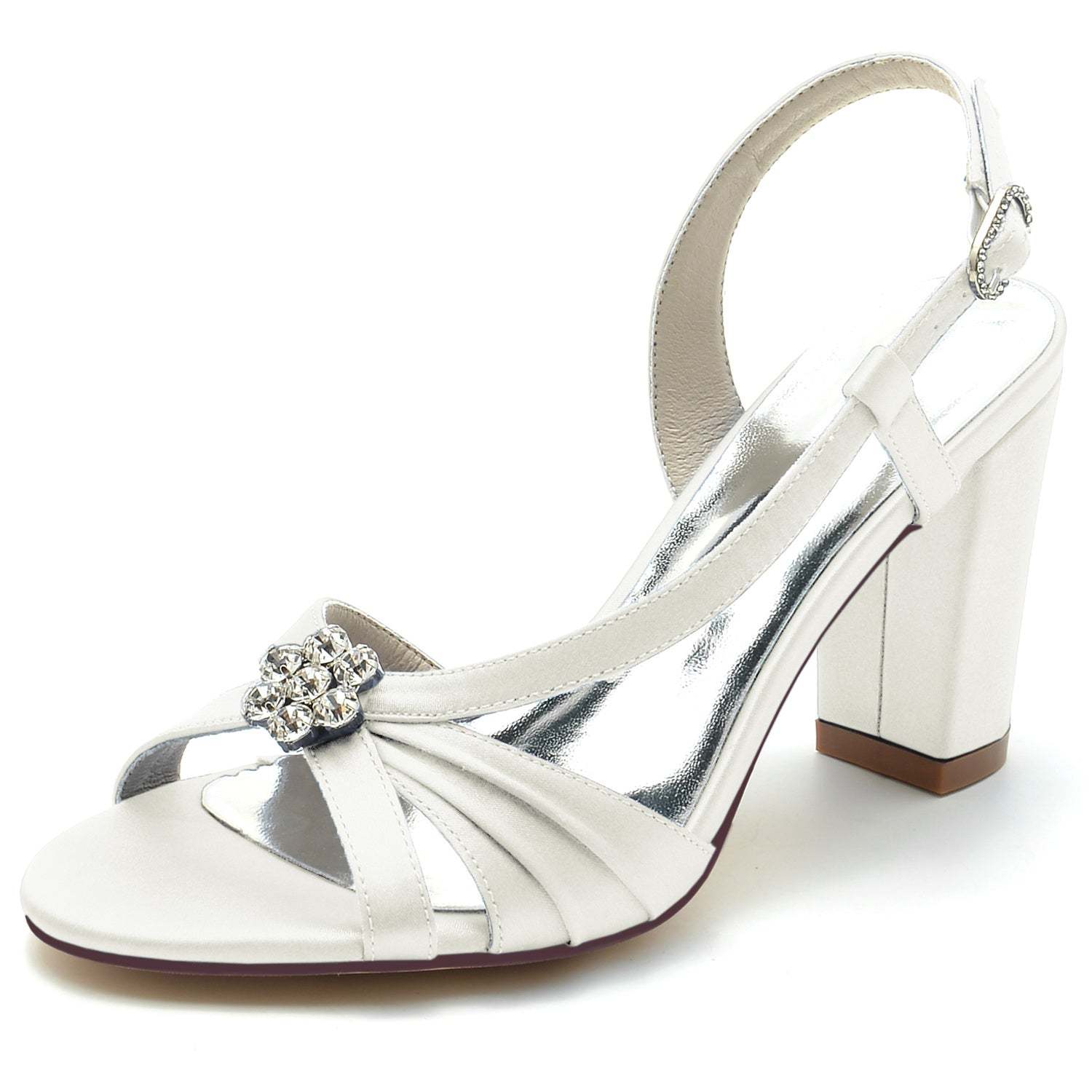 Bridal Shoes for Women with Crystal Flower and Buckle on Chunky Heel