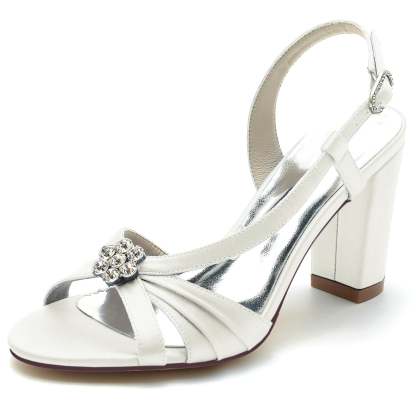 Bridal Shoes for Women with Crystal Flower and Buckle on Chunky Heel