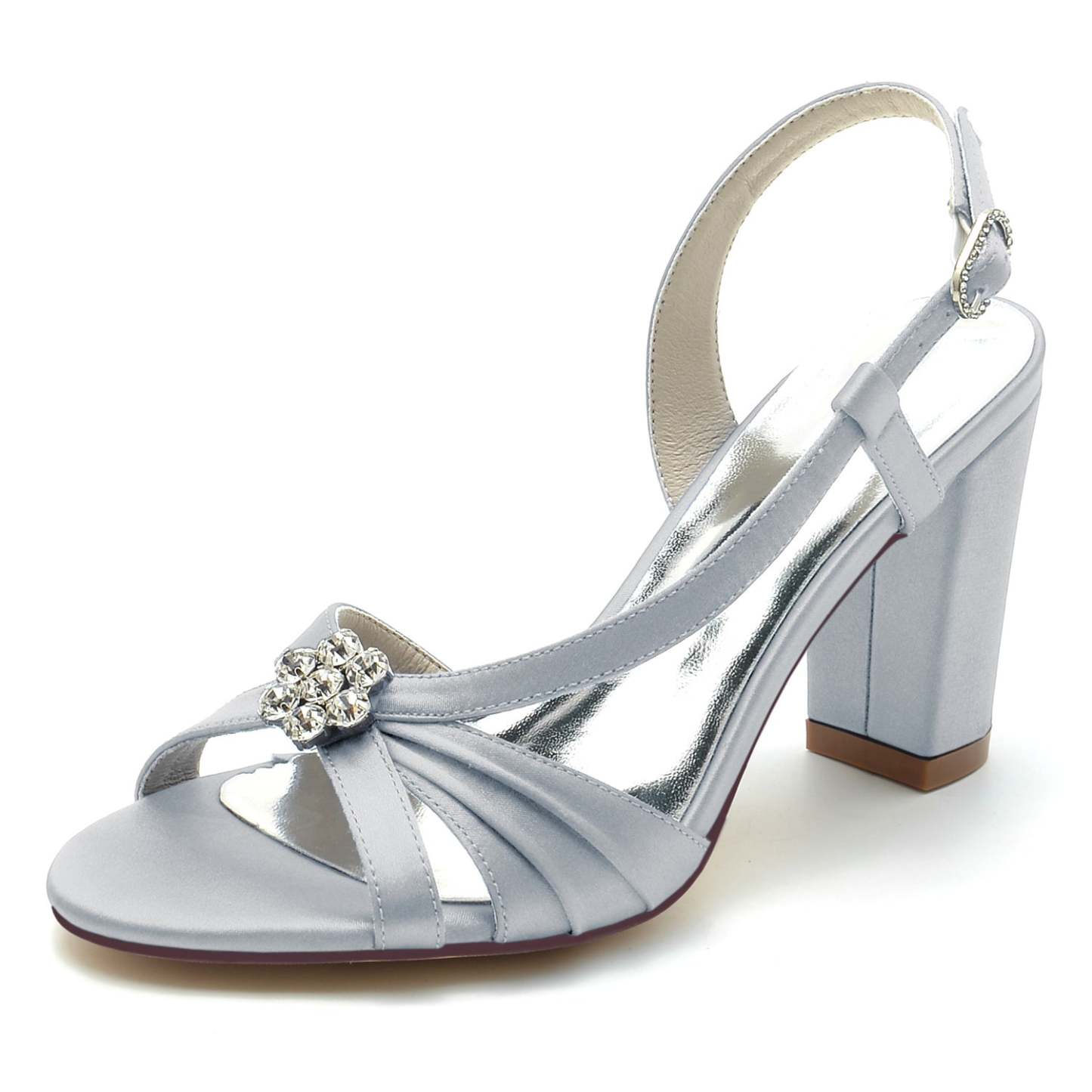 Bridal Shoes for Women with Crystal Flower and Buckle on Chunky Heel