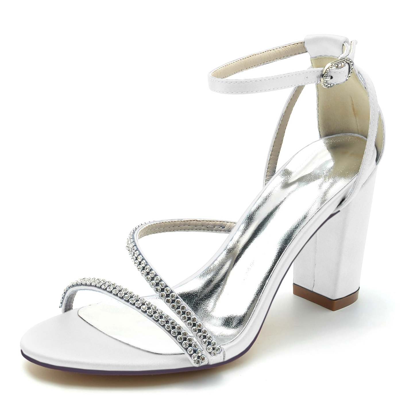 Bridal Shoes for Women with Rhinestone Buckle and Silk Satin Peep Toe Block Heel