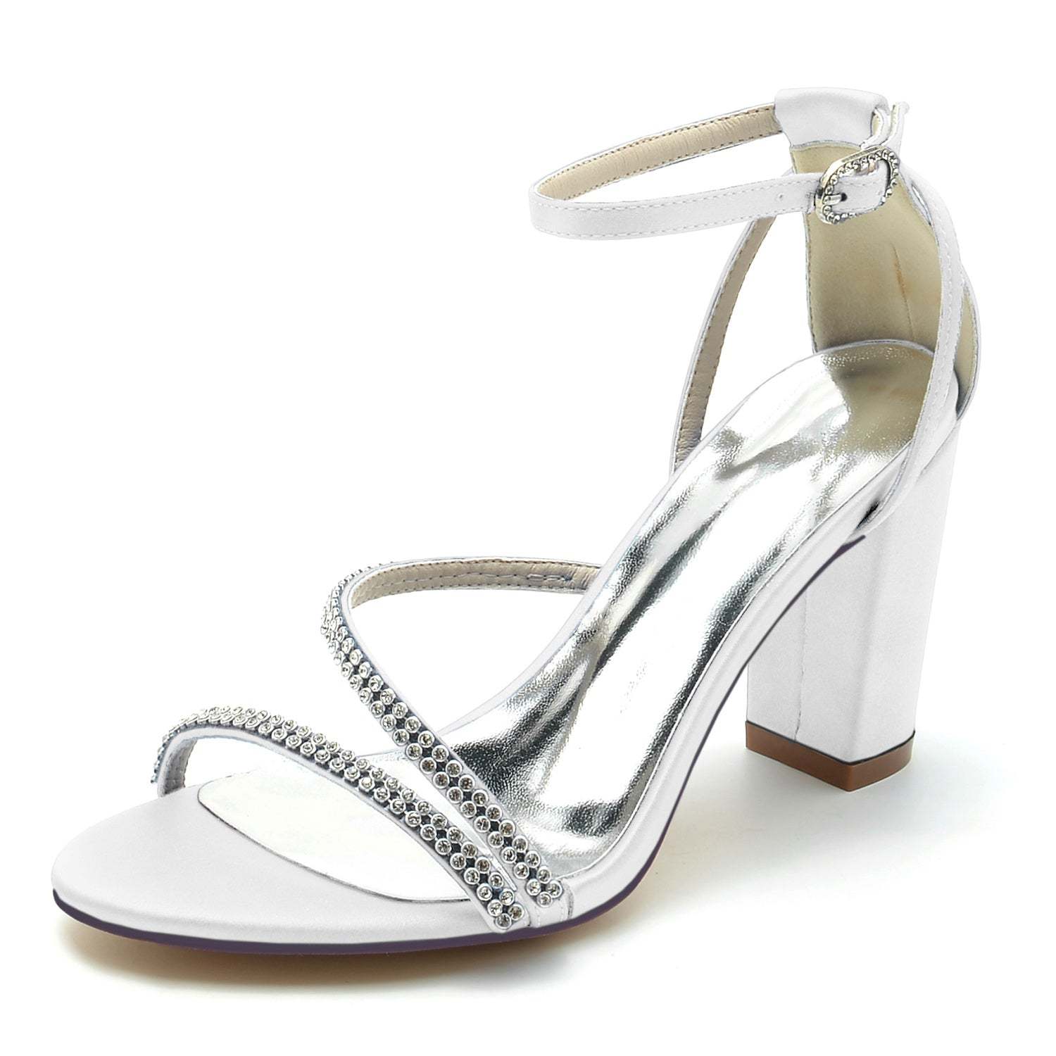 Bridal Shoes for Women with Rhinestone Buckle and Silk Satin Peep Toe Block Heel