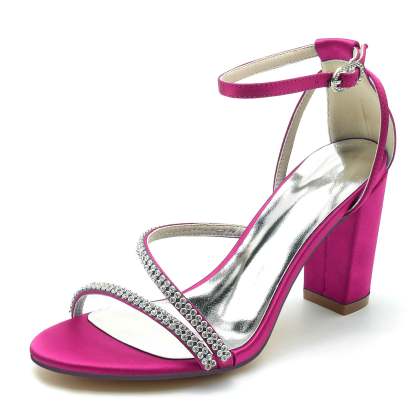 Bridal Shoes for Women with Rhinestone Buckle and Silk Satin Peep Toe Block Heel