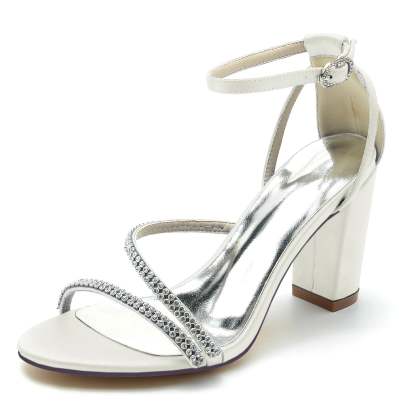 Bridal Shoes for Women with Rhinestone Buckle and Silk Satin Peep Toe Block Heel