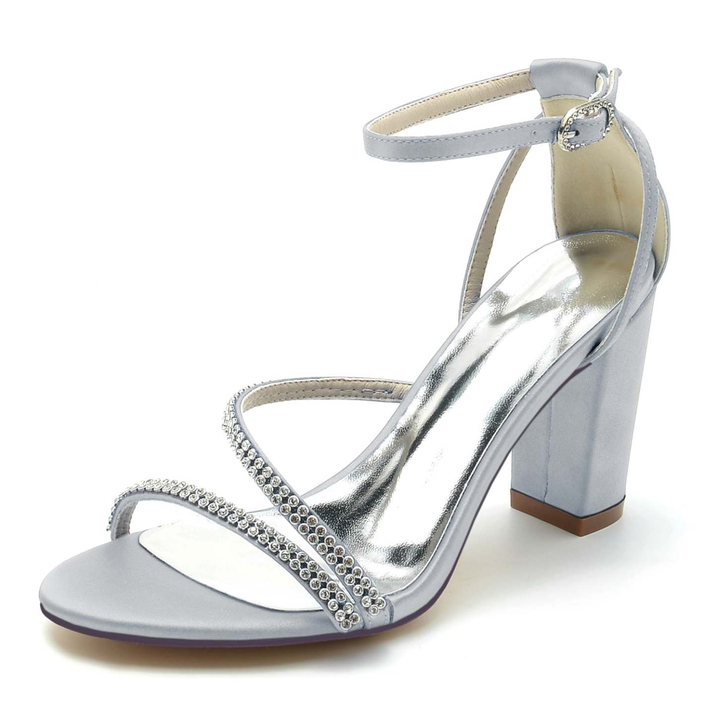 Bridal Shoes for Women with Rhinestone Buckle and Silk Satin Peep Toe Block Heel
