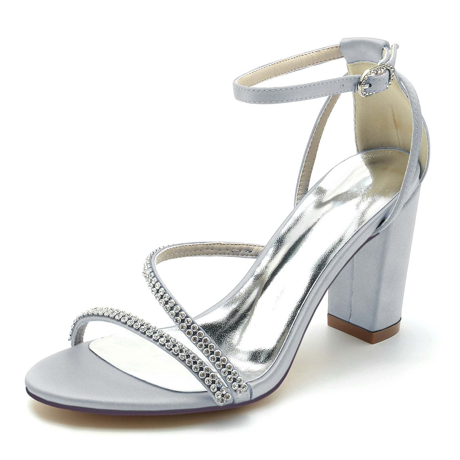 Bridal Shoes for Women with Rhinestone Buckle and Silk Satin Peep Toe Block Heel