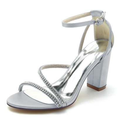Bridal Shoes for Women with Rhinestone Buckle and Silk Satin Peep Toe Block Heel