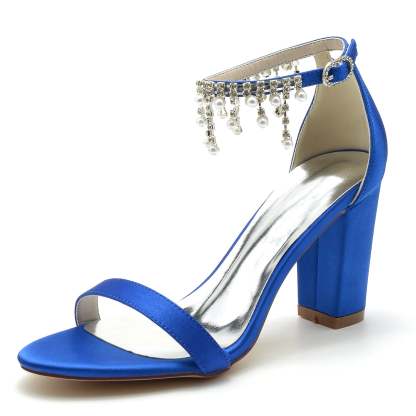 Bridal Shoes for Women with Peep Toe Chunky Heel Rhinestone Ankle Strap