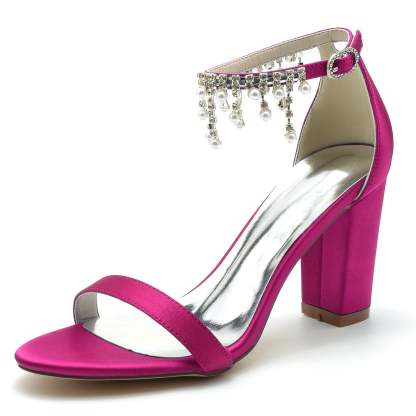 Bridal Shoes for Women with Peep Toe Chunky Heel Rhinestone Ankle Strap