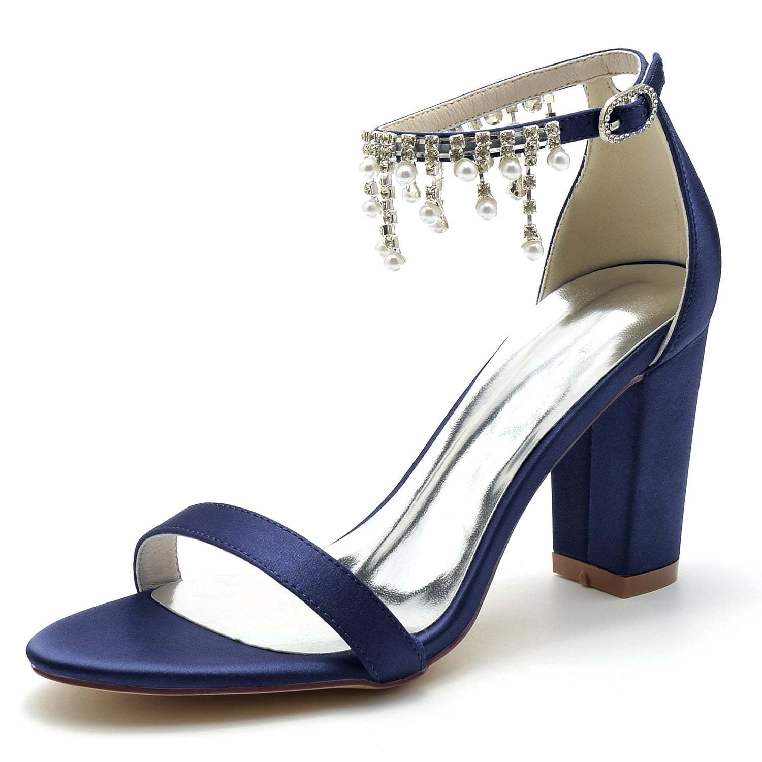 Bridal Shoes for Women with Peep Toe Chunky Heel Rhinestone Ankle Strap