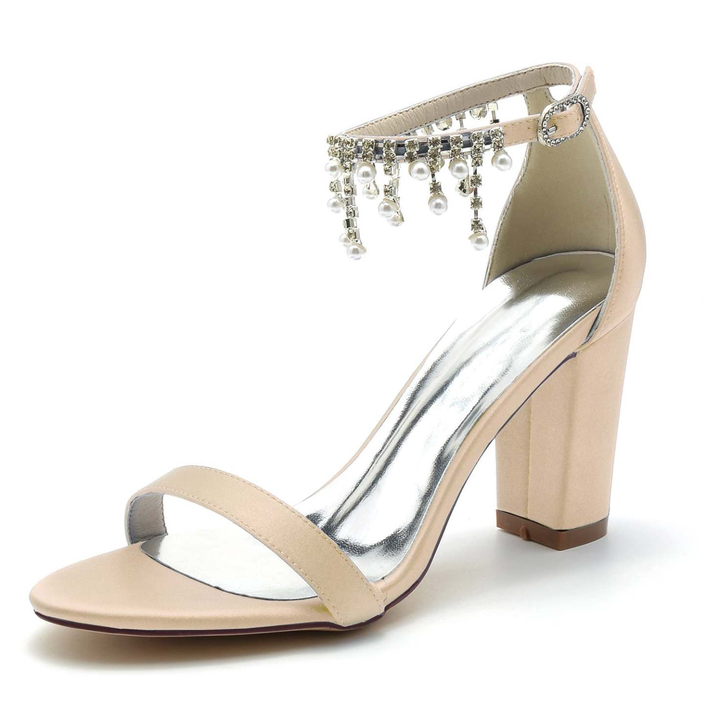 Bridal Shoes for Women with Peep Toe Chunky Heel Rhinestone Ankle Strap