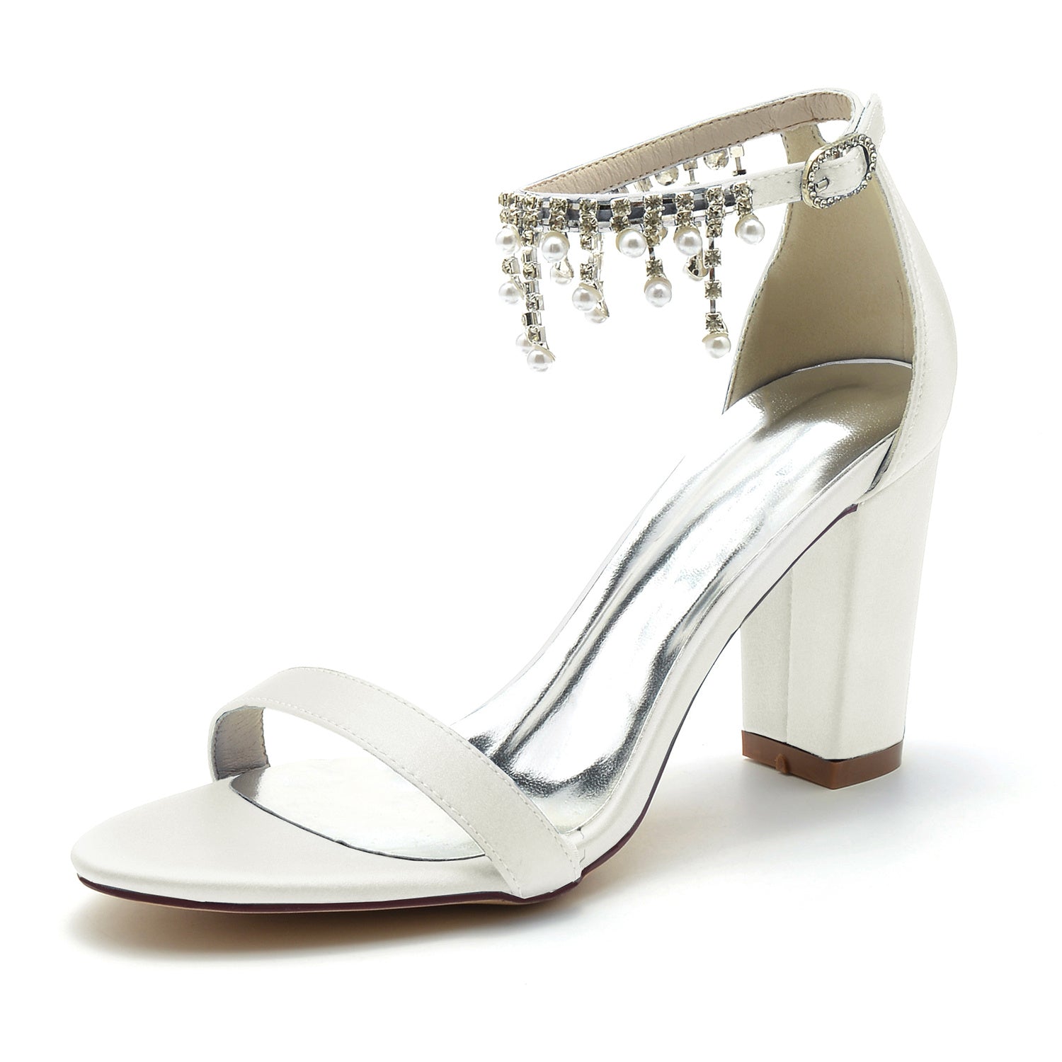 Bridal Shoes for Women with Peep Toe Chunky Heel Rhinestone Ankle Strap