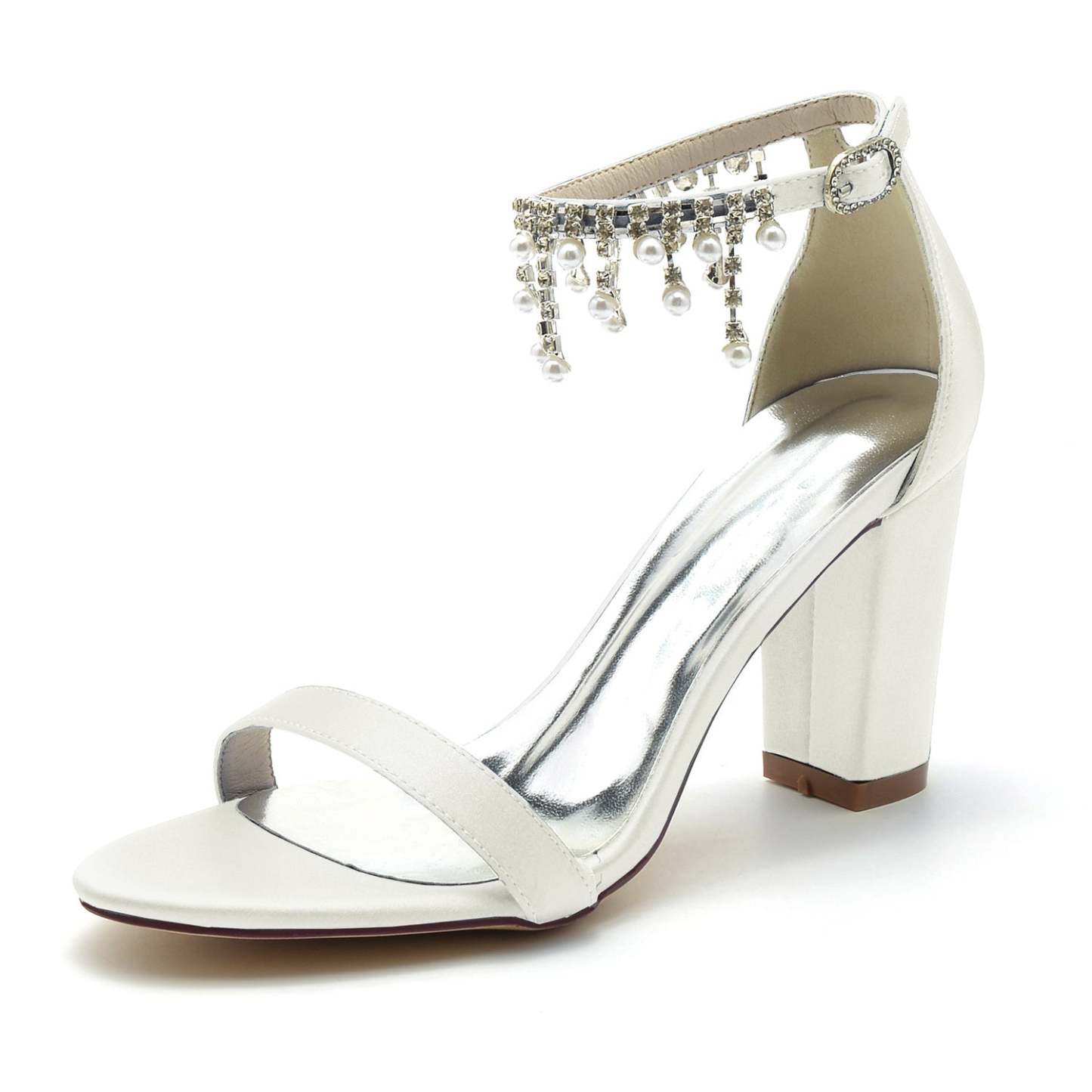 Bridal Shoes for Women with Peep Toe Chunky Heel Rhinestone Ankle Strap