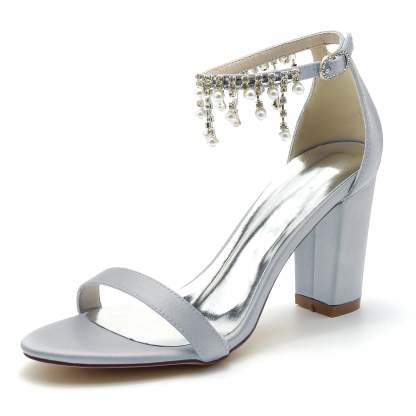 Bridal Shoes for Women with Peep Toe Chunky Heel Rhinestone Ankle Strap
