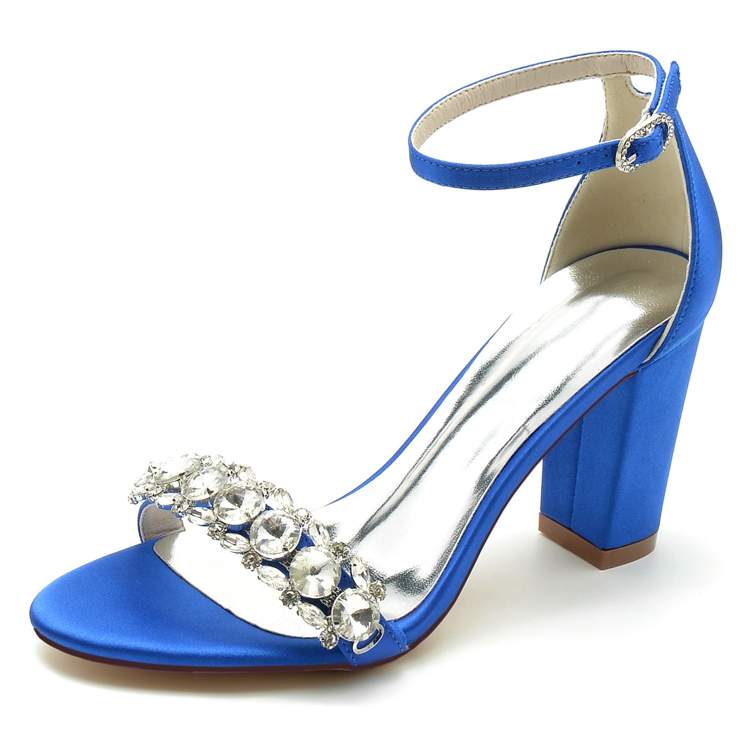 Bridal Peep Toe Ankle Strap Shoes for Women in Silk Satin with Rhinestones