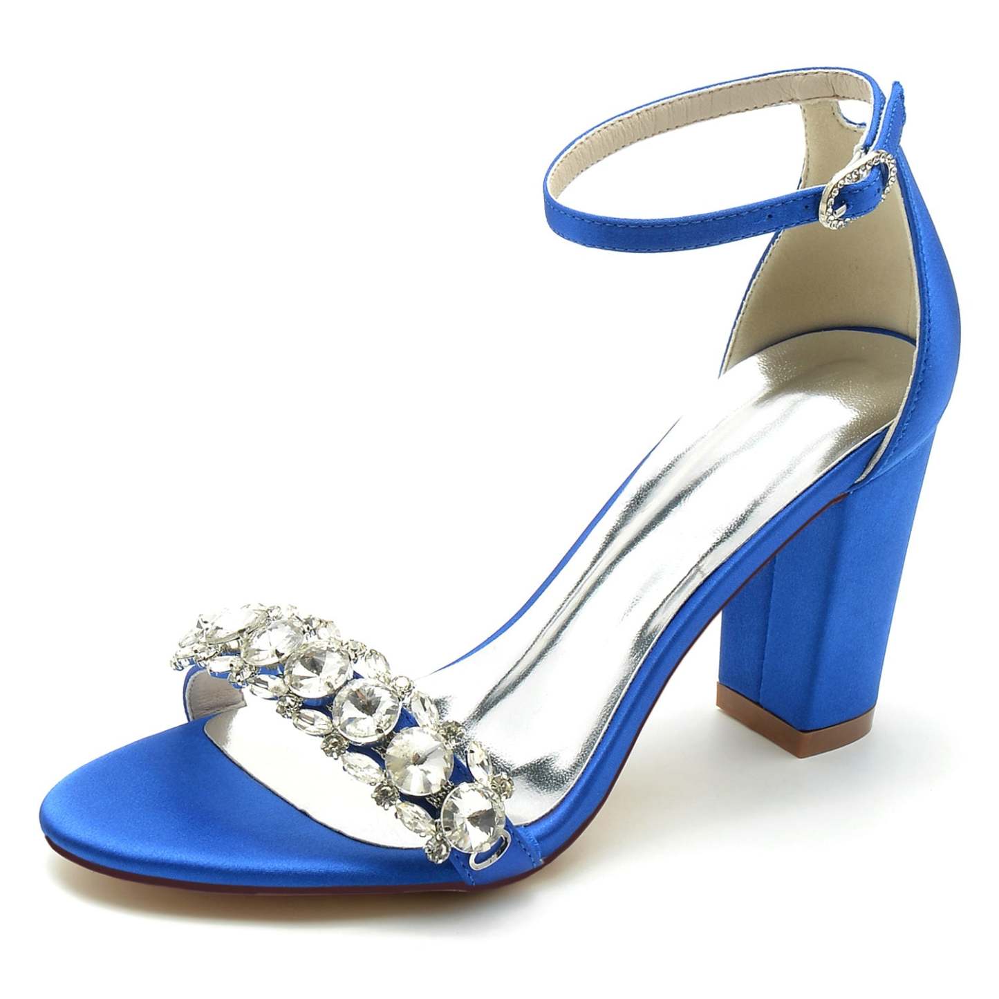 Bridal Peep Toe Ankle Strap Shoes for Women in Silk Satin with Rhinestones