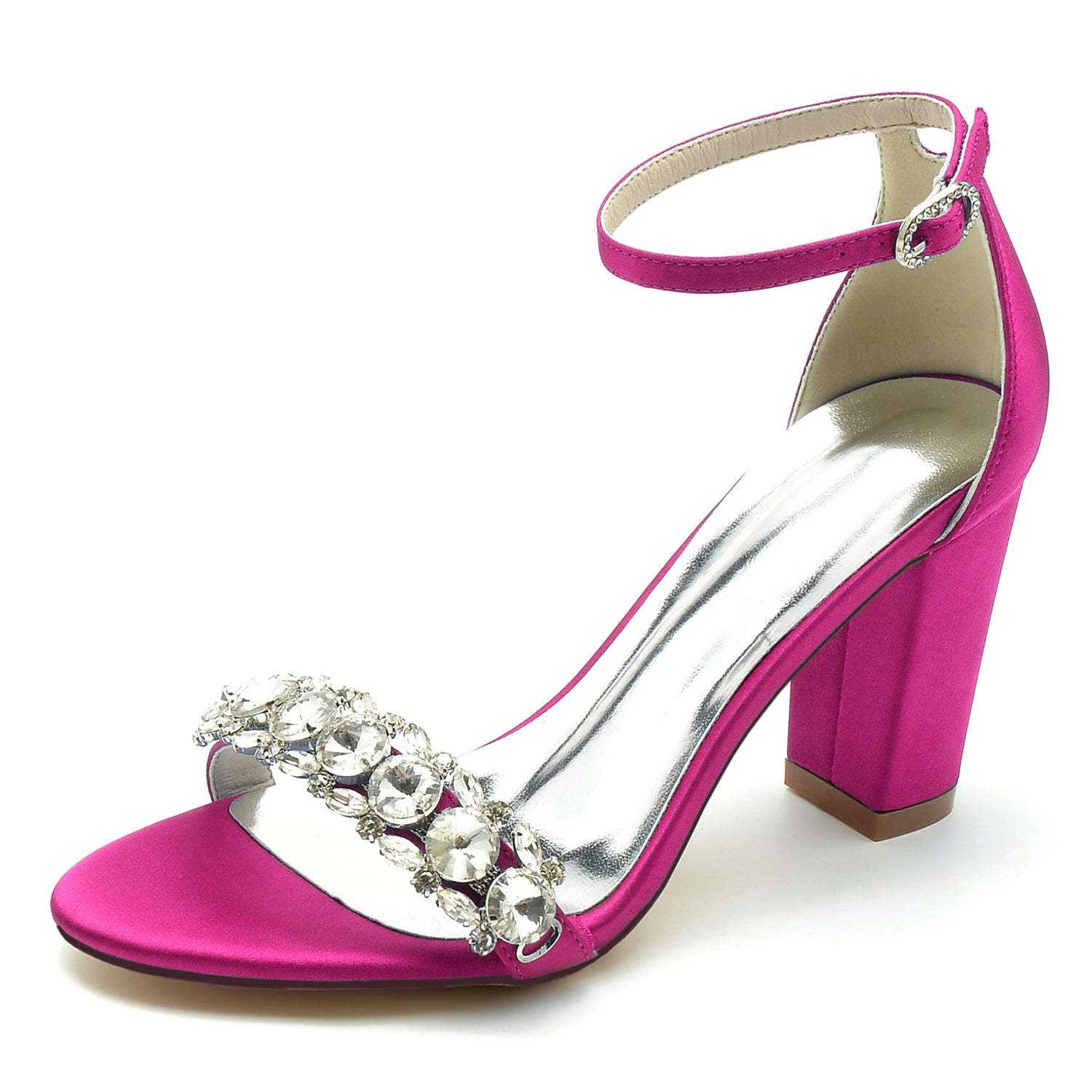 Bridal Peep Toe Ankle Strap Shoes for Women in Silk Satin with Rhinestones
