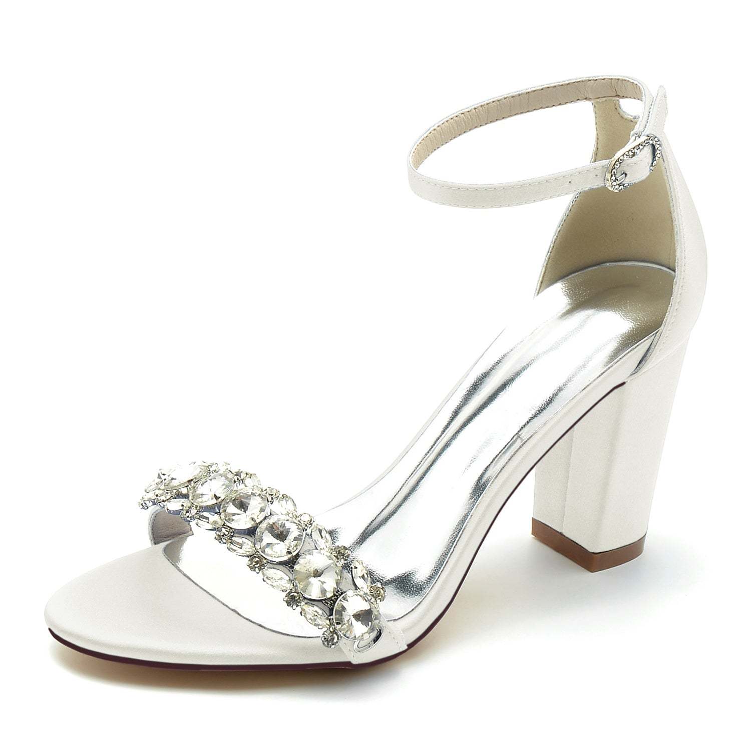 Bridal Peep Toe Ankle Strap Shoes for Women in Silk Satin with Rhinestones