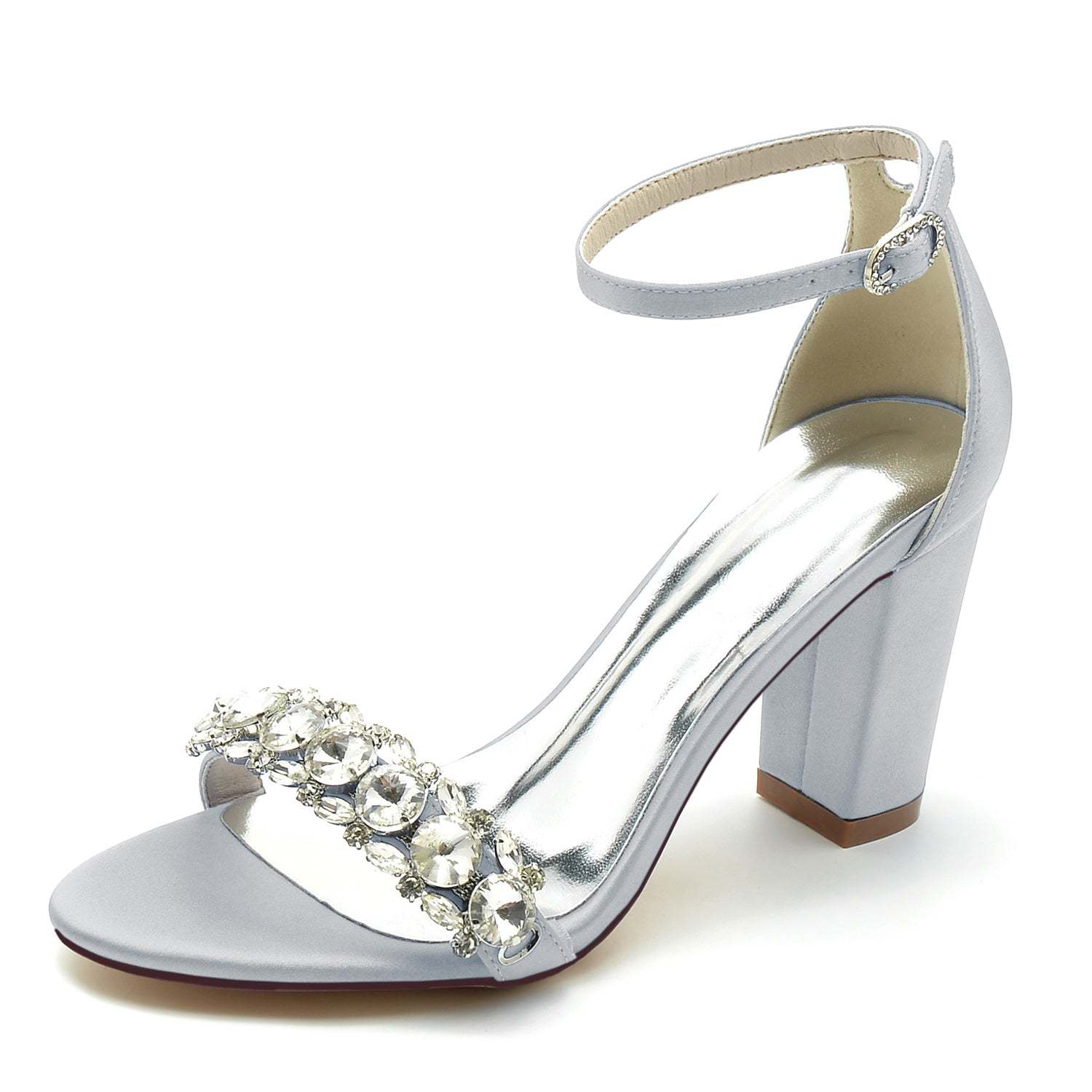 Bridal Peep Toe Ankle Strap Shoes for Women in Silk Satin with Rhinestones