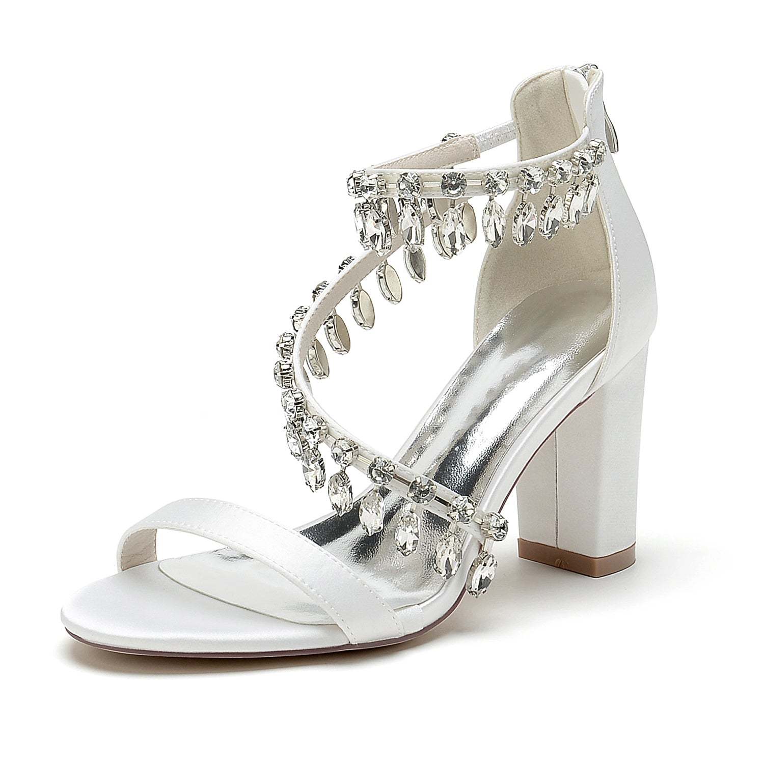 Bridal Shoes for Women with Peep Toe Chunky Heel and Rhinestone Buckle