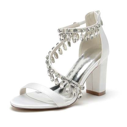 Bridal Shoes for Women with Peep Toe Chunky Heel and Rhinestone Buckle