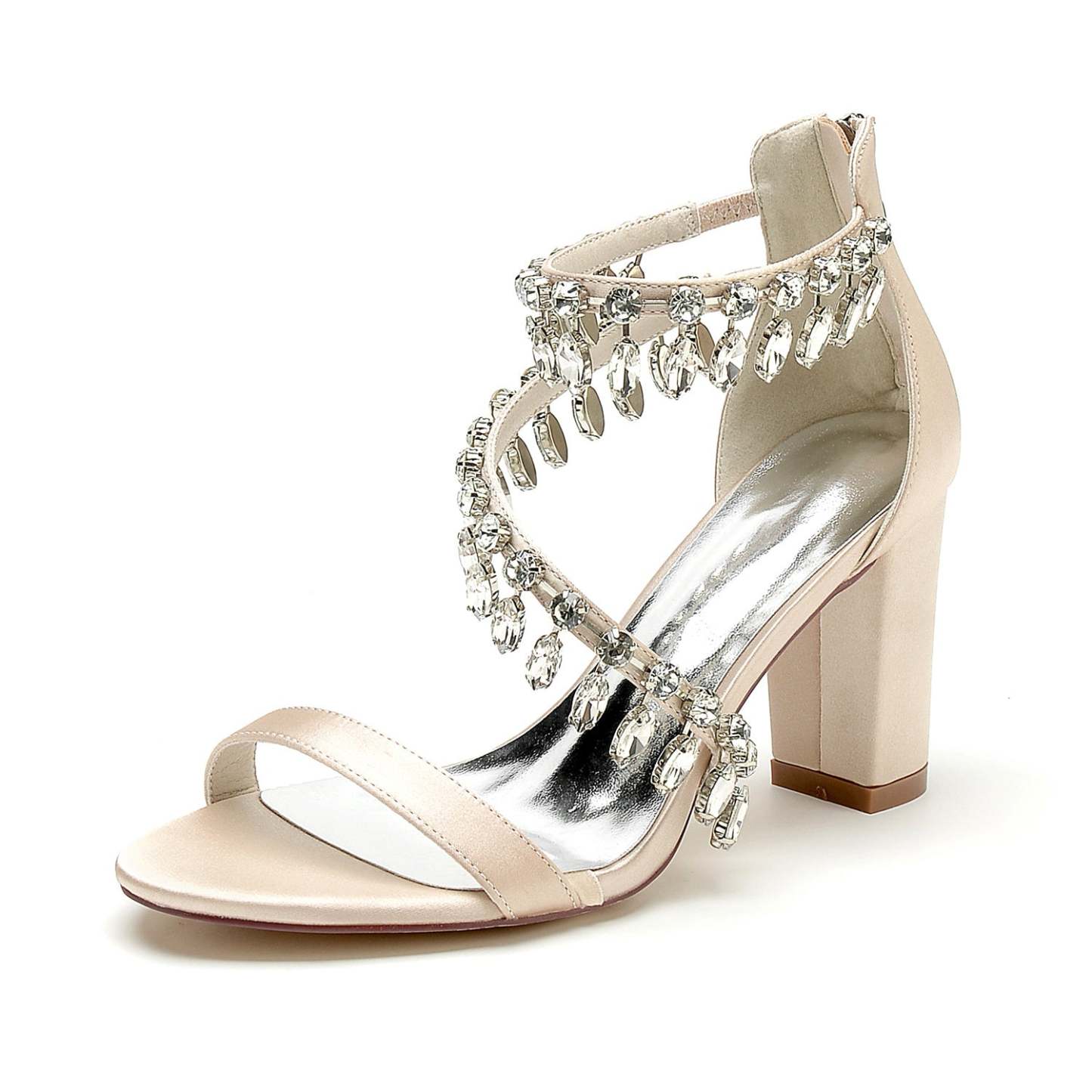 Bridal Shoes for Women with Peep Toe Chunky Heel and Rhinestone Buckle