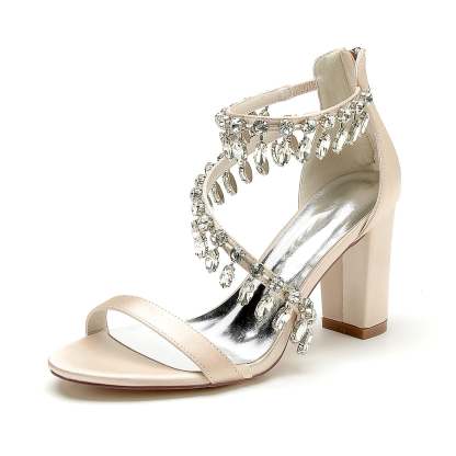 Bridal Shoes for Women with Peep Toe Chunky Heel and Rhinestone Buckle