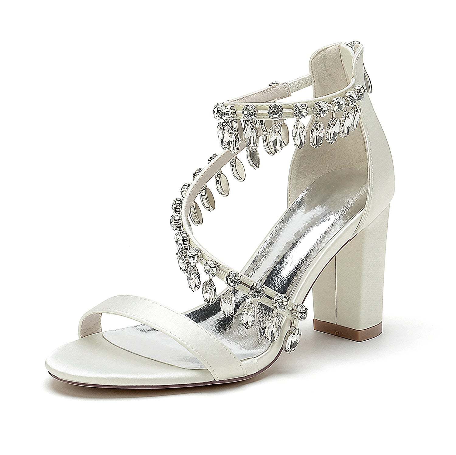 Bridal Shoes for Women with Peep Toe Chunky Heel and Rhinestone Buckle