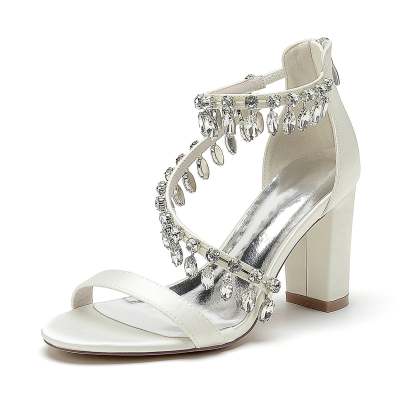 Bridal Shoes for Women with Peep Toe Chunky Heel and Rhinestone Buckle