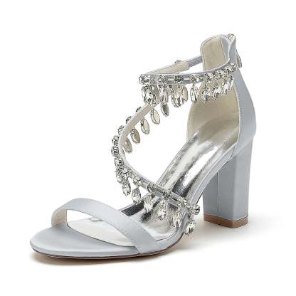 Bridal Shoes for Women with Peep Toe Chunky Heel and Rhinestone Buckle