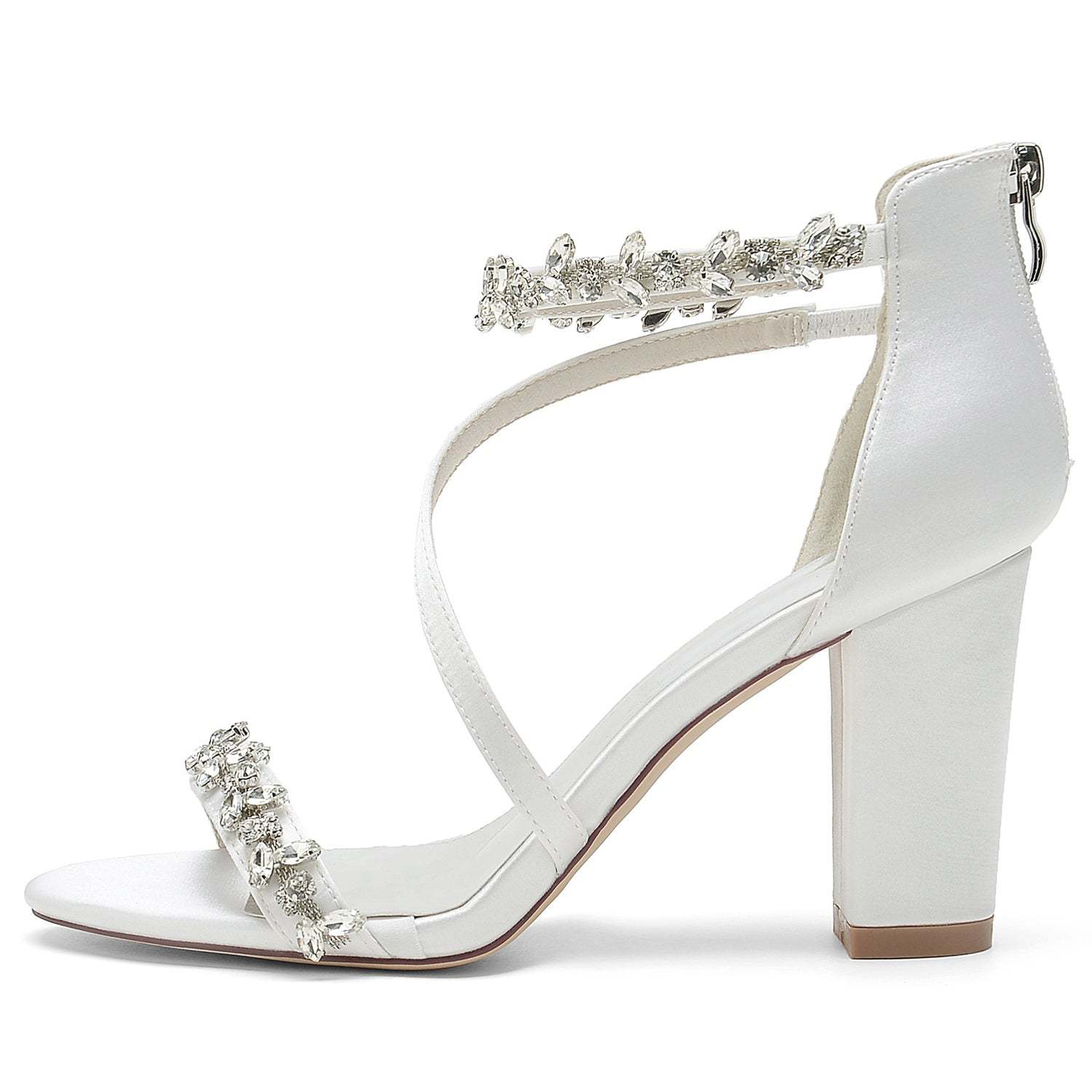 Bridal Shoes for Women with Black Peep Toe and Chunky Heel Featuring Rhinestone Buckle