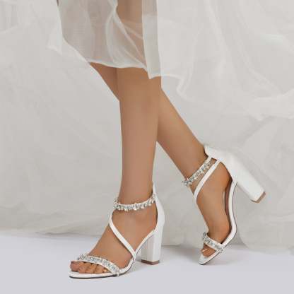 Bridal Shoes for Women with Black Peep Toe and Chunky Heel Featuring Rhinestone Buckle