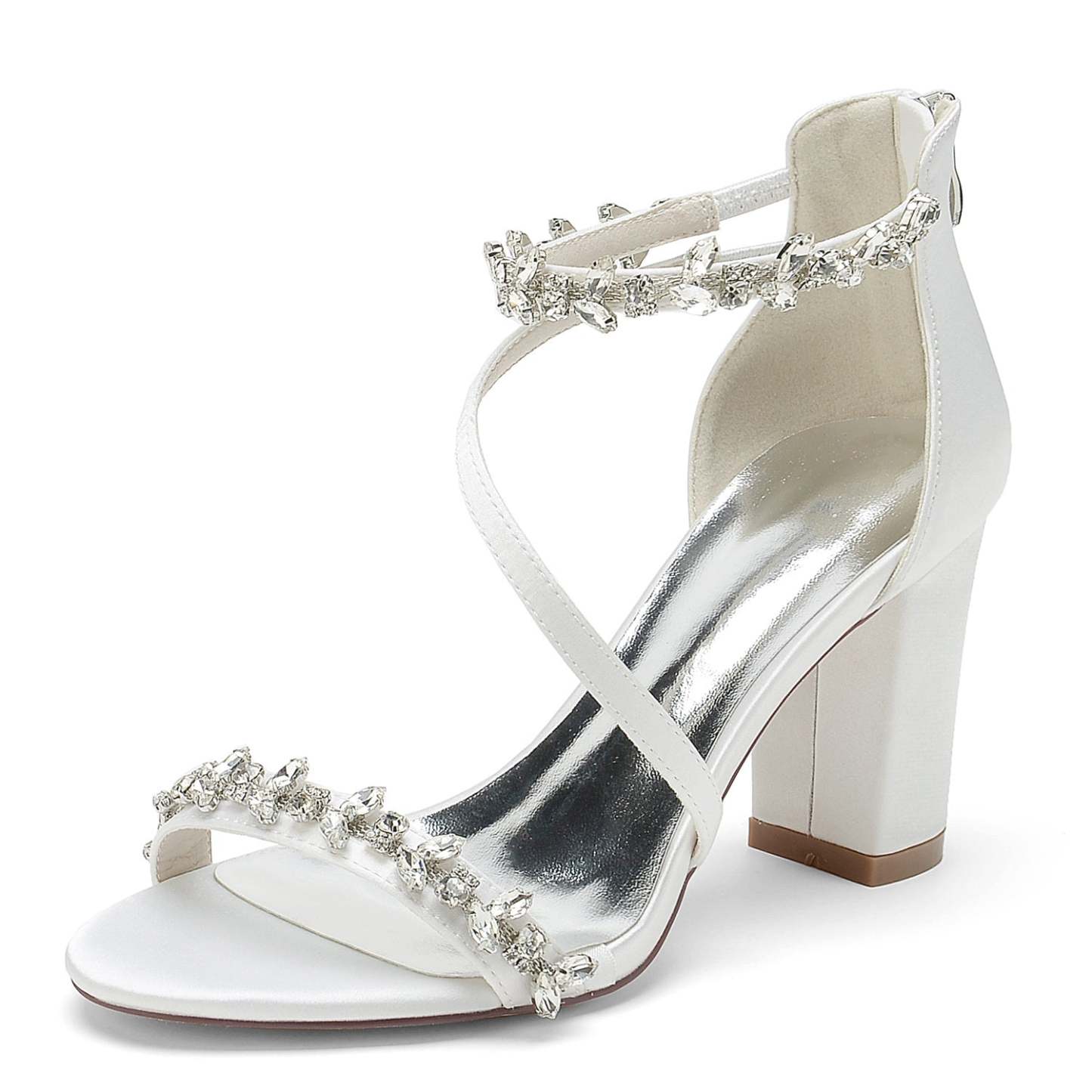 Bridal Shoes for Women with Black Peep Toe and Chunky Heel Featuring Rhinestone Buckle