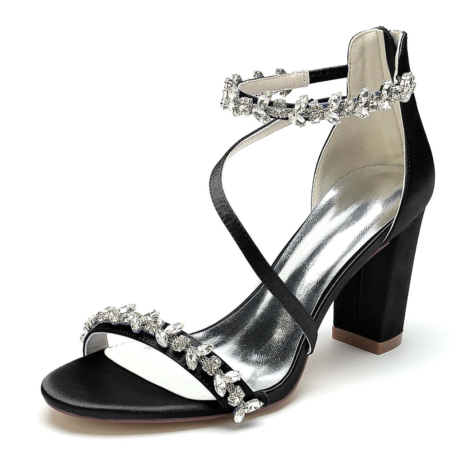 Bridal Shoes for Women with Black Peep Toe and Chunky Heel Featuring Rhinestone Buckle