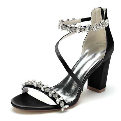 Bridal Shoes for Women with Black Peep Toe and Chunky Heel Featuring Rhinestone Buckle