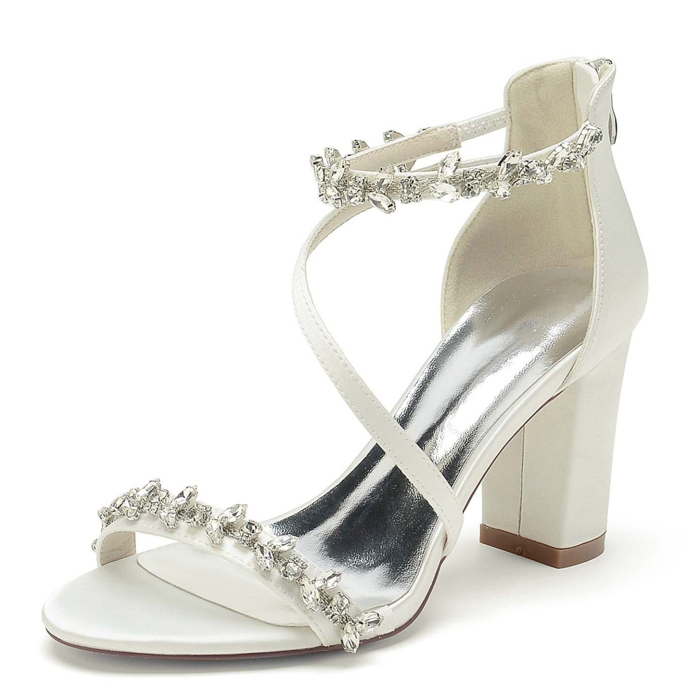 Bridal Shoes for Women with Black Peep Toe and Chunky Heel Featuring Rhinestone Buckle