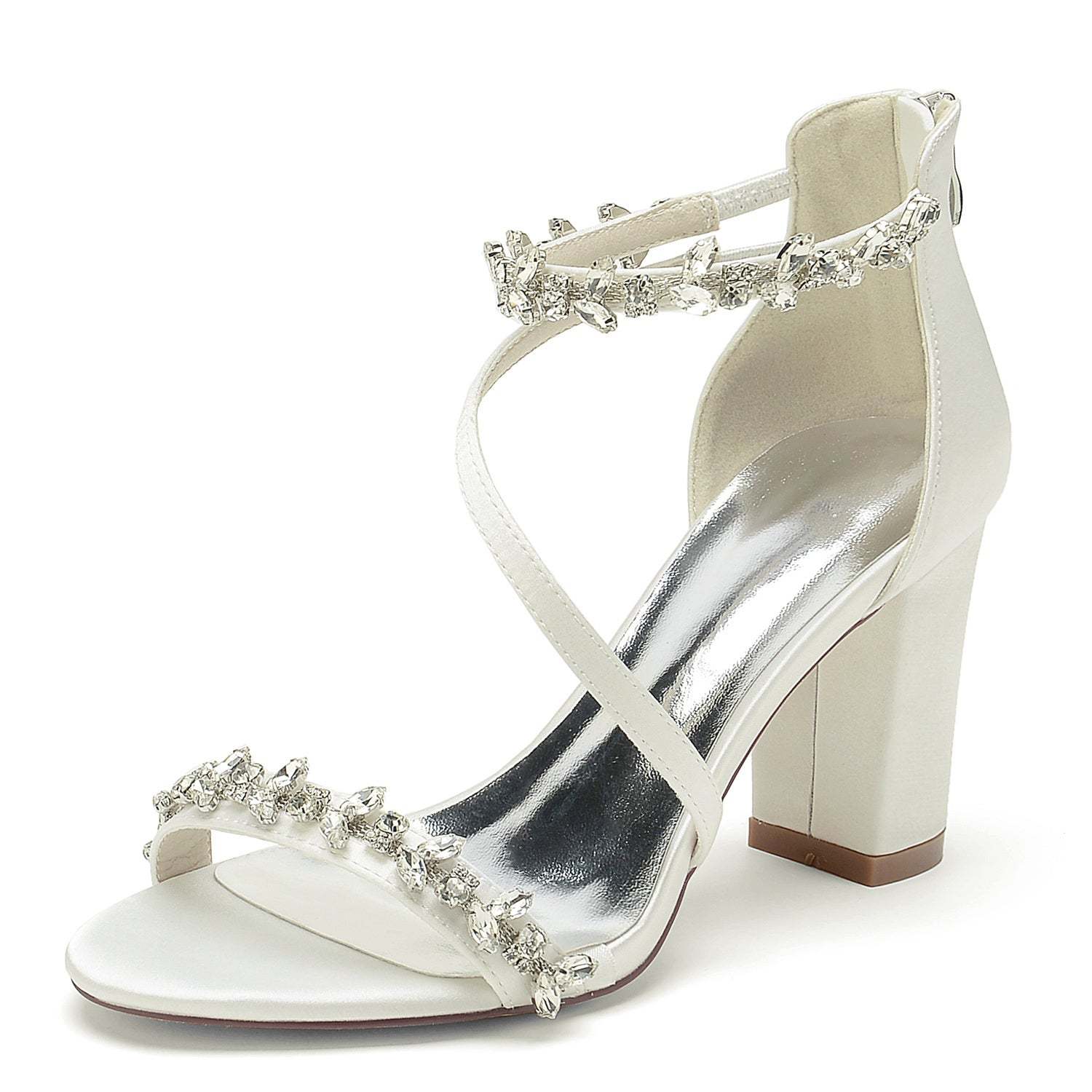 Bridal Shoes for Women with Black Peep Toe and Chunky Heel Featuring Rhinestone Buckle