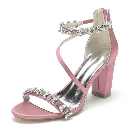 Bridal Shoes for Women with Black Peep Toe and Chunky Heel Featuring Rhinestone Buckle