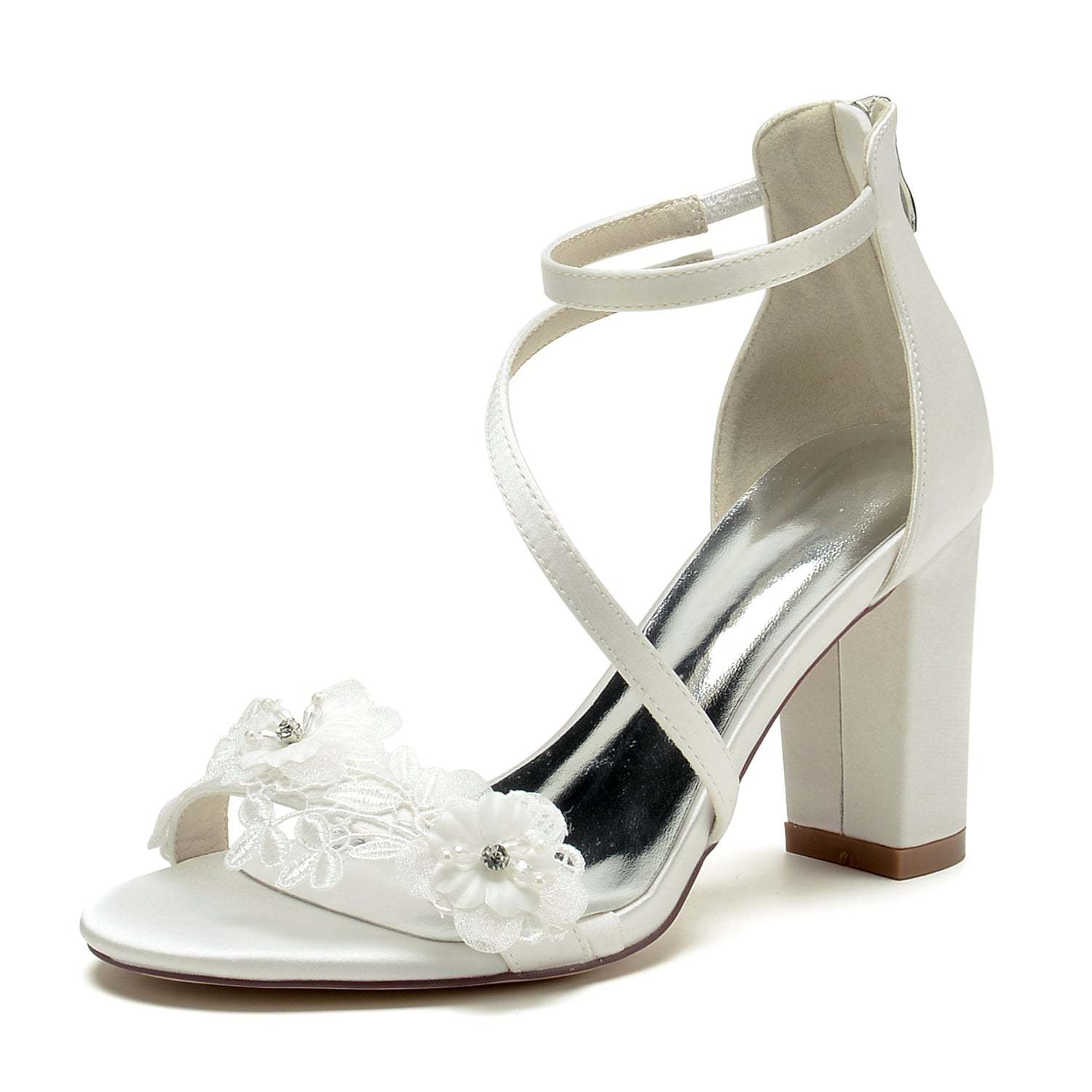 Bridal Satin Peep Toe Shoes with Flower and Buckle for Women