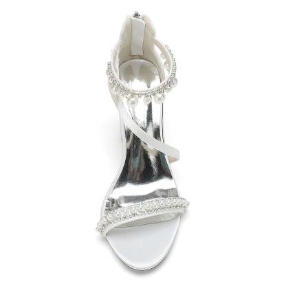 Bridal Shoes for Women with Open Toe Chunky Heel Rhinestone and Pearl Buckle