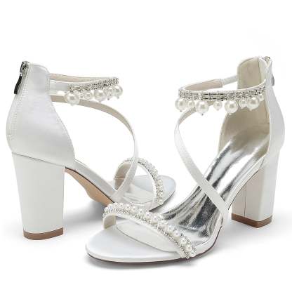 Bridal Shoes for Women with Open Toe Chunky Heel Rhinestone and Pearl Buckle