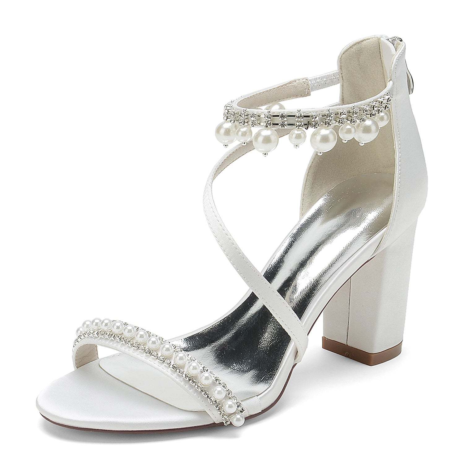 Bridal Shoes for Women with Open Toe Chunky Heel Rhinestone and Pearl Buckle