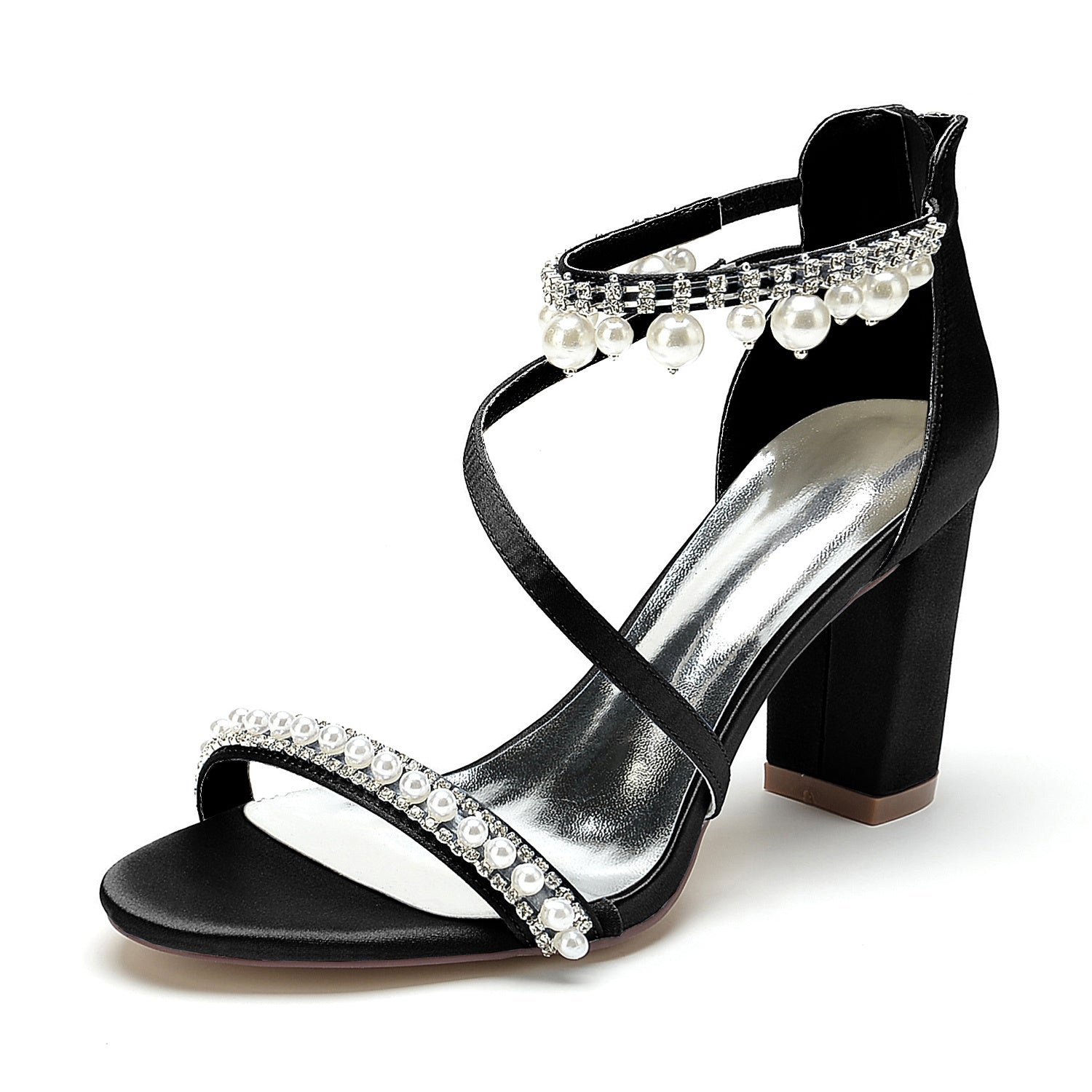 Bridal Shoes for Women with Open Toe Chunky Heel Rhinestone and Pearl Buckle