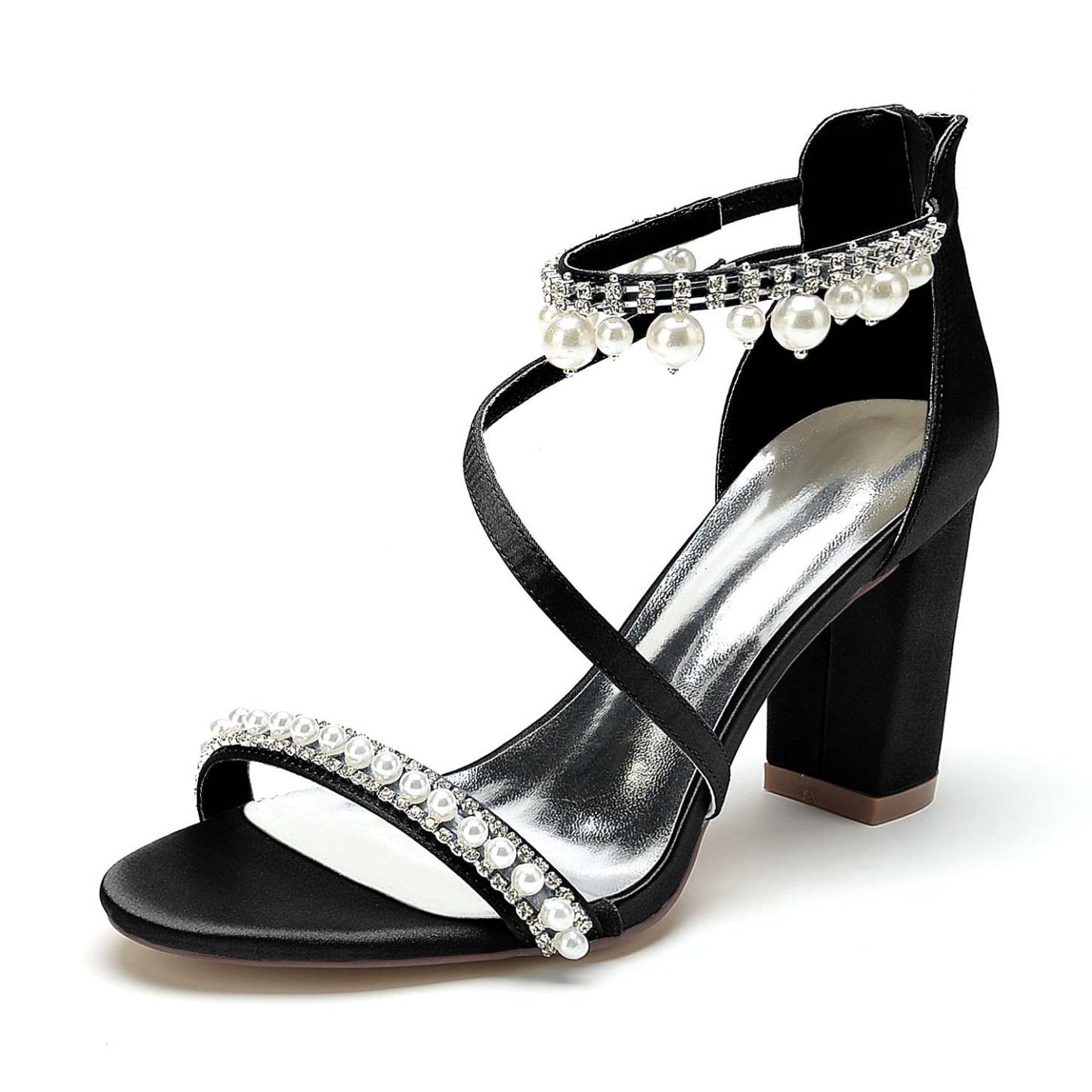 Bridal Shoes for Women with Open Toe Chunky Heel Rhinestone and Pearl Buckle