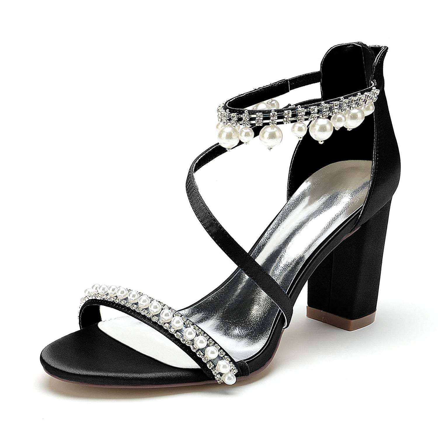 Bridal Shoes for Women with Open Toe Chunky Heel Rhinestone and Pearl Buckle